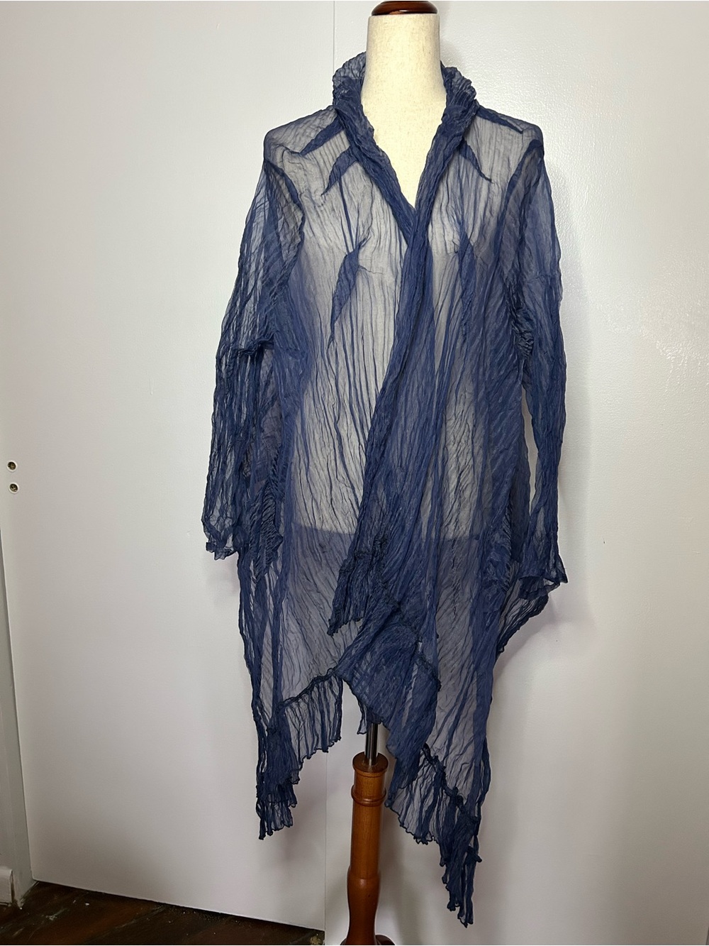 Blue Navy Silk Sheer Lightweight Flowy Textured Cardigan with Ruffled Collar